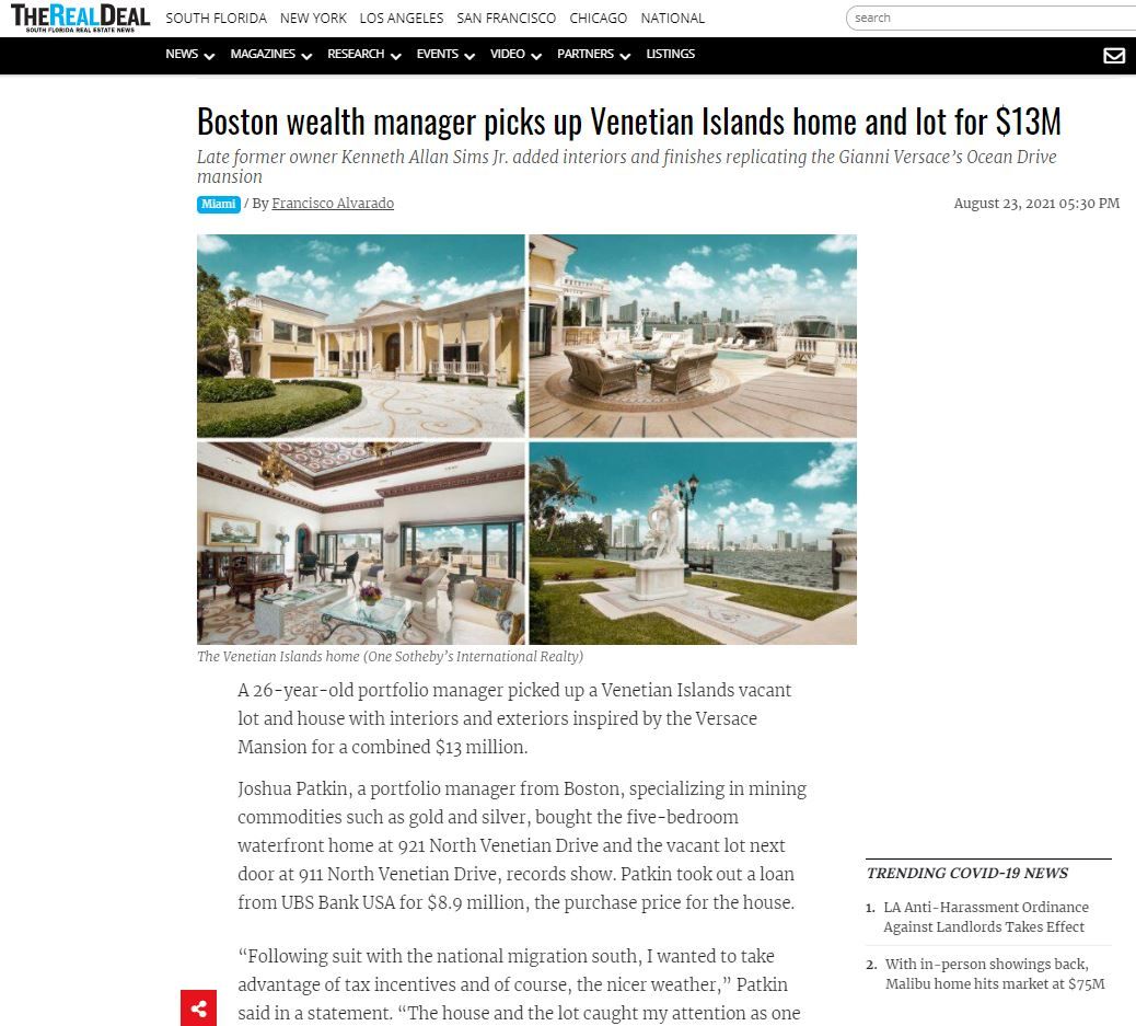 Boston wealth manager picks up Venetian Islands home and lot for $13M
